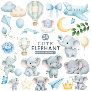 Cute Elephant Clipart, Baby Elephant PNG, Watercolor Elephant, Baby Shower Clipart, Nursery Wall Art, Safari Elephant Png, Elephant Nursery