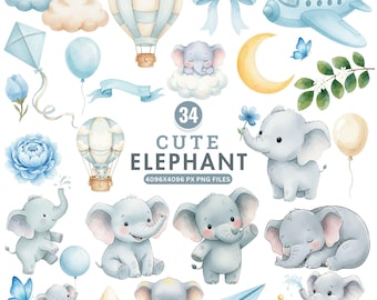 Cute Elephant Clipart, Baby Elephant PNG, Watercolor Elephant, Baby Shower Clipart, Nursery Wall Art, Safari Elephant Png, Elephant Nursery