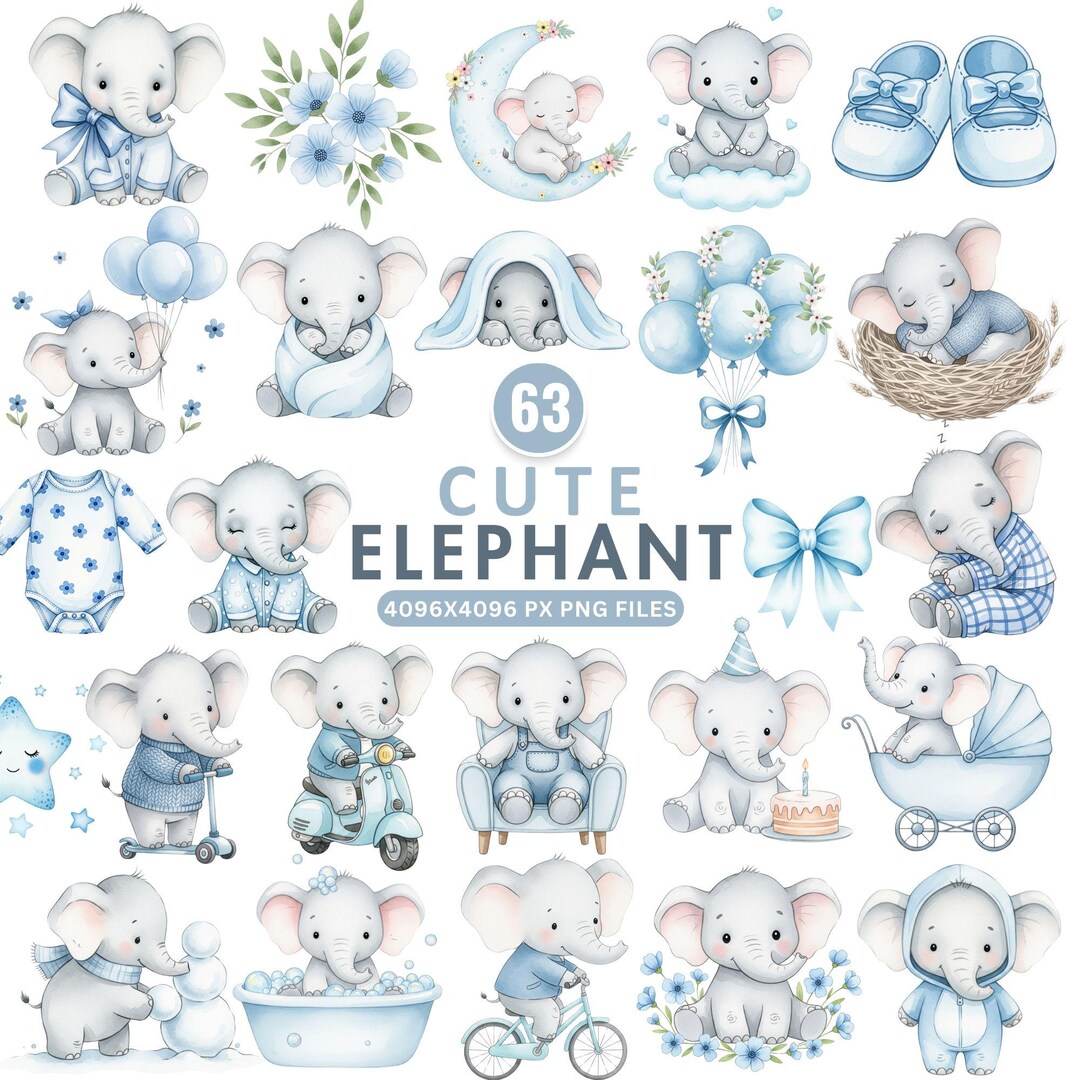 Watercolor Elephant Clipart, Cute Baby Elephant PNG, Baby Shower ...