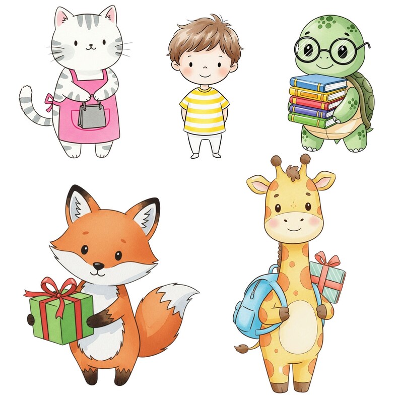 Adorable back to school elements including clipart of teachers, notebooks, and buses designed in a cute pastel aesthetic for commercial use.