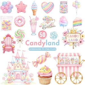 Aquarell Pastell Candyland Clipart, Zuckerwatte, Lollipop, Macaron, Cupcake, Marshmallow, Süßigkeiten PNG, Dessert Clipart Kommerzielle Nutzung