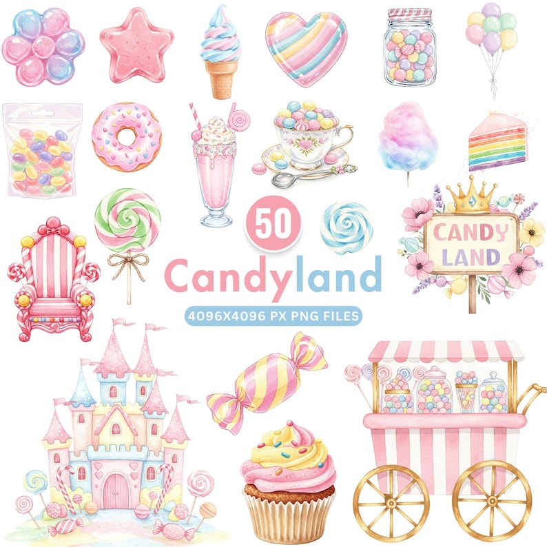 Watercolor pastel candyland clipart set featuring macarons, lollipops, cupcakes, and cotton candy in soft pink and blue tones