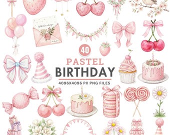 パステルカラーの誕生日クリップアート、水彩画風の誕生日PNG画像、パーティーデコレーション、バルーンケーキユニコーンレインボーのクリップアート、ベビーシャワーグラフィック（商用利用可）