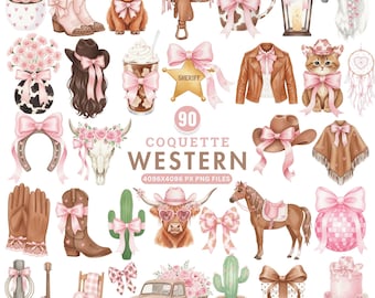 Western Coquette Clipart, Coquette Cowgirl Png, Cowboy-Stiefel, Cowgirl-Hut, Highland Kuh PNG, Aquarell Western Art, Kommerzielle Nutzung Clipart