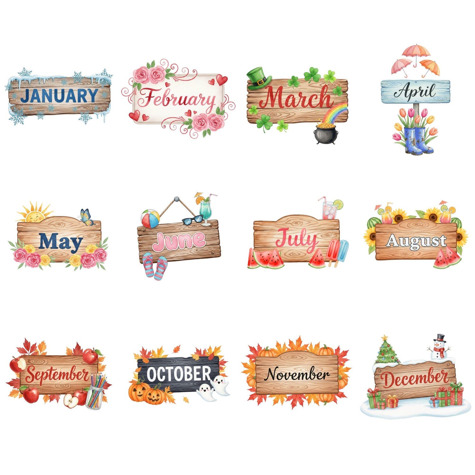 Months of the Year Clipart, Watercolor Months PNG, 12 Months Png ...