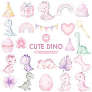 Cute Dinosaur Clipart, Watercolor Dino Png, Girly Dino Clipart, Pink Baby Dinosaur Clipart, Dino Birthday Png, Baby Shower, Instant Download