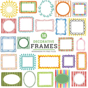 Puede incluir: Una colección de 56 marcos decorativos en varias formas y colores. Los marcos incluyen círculos, rectángulos y óvalos, con diseños como rayas, zigzags y patrones florales. La imagen también incluye el texto "56 Decorative Frames" y "4096x4096 px PNG Files".