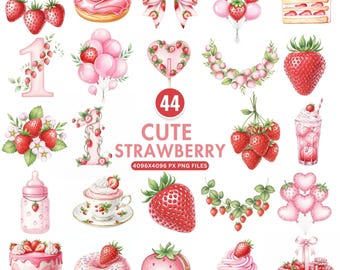 Watercolor Strawberry Clipart, Berry First Birthday PNG, Cute Strawberry Dessert Clipart, Berry Clipart, Baby Shower Clipart, Commercial Use