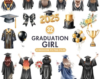 Graduation Girl Clipart, Graduation Clipart PNG, Class of 2025 Graduate, Watercolor Diploma Clipart, Cap and Gown, Instant Download Clipart