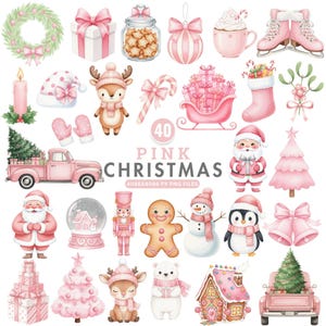 Puede incluir: Una colección de 40 archivos PNG con temática navideña rosa. La imagen presenta varios elementos festivos, incluyendo a Papá Noel, renos, un hombre de jengibre, un muñeco de nieve, un pingüino y un árbol de Navidad rosa. También hay cajas de regalo, adornos y una camioneta rosa.