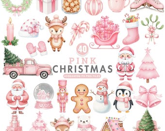 Pink Christmas Clipart, Watercolor Cute Christmas PNG, Christmas PNG, Pink Santa Clipart, Boho Christmas PNG, Reindeer Clipart, Ornaments