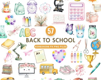 Back To School Clipart, Pastel School Supplies Png, Kawaii Teacher Clipart, Cute Classroom Stationery Png, Education PNG, Commercial Use