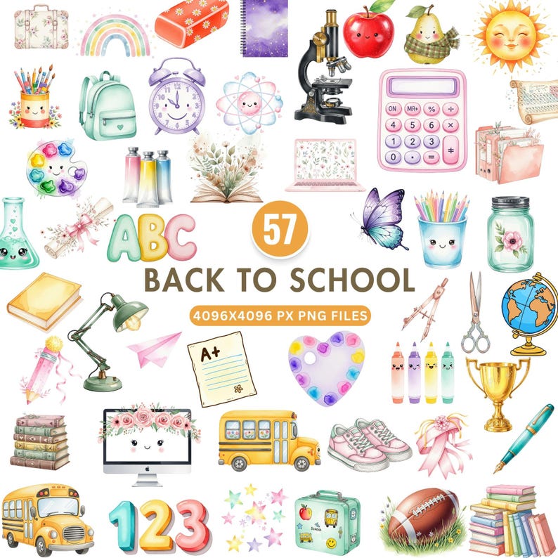 Watercolor pastel back to school clipart featuring cute school supplies including pencils, notebooks, apples, rulers, and backpacks, designed in a kawaii hand-painted style. Ideal for teachers, classroom decor, education printables, and digital scrapbooking.