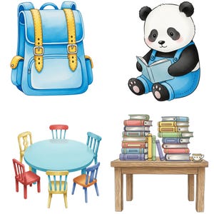 Back to school clipart in PNG format featuring cartoon-style school essentials and classroom graphics for teachers and crafters.