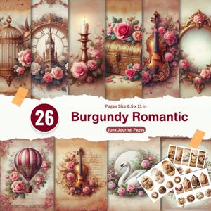 Kit per diario romantico con elementi romantici in stile Borgogna, carta digitale vittoriana stampabile per San Valentino, elementi per l'artigianato, forniture per scrapbooking