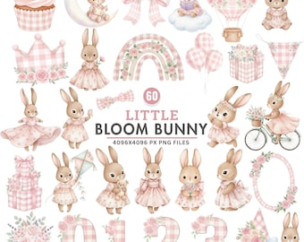 Può includere: Una collezione di illustrazioni ad acquerello con coniglietti, cupcake, fiocchi e composizioni floreali. I disegni sono in morbidi motivi a quadri rosa e bianchi, con il testo "Little Bloom Bunny".