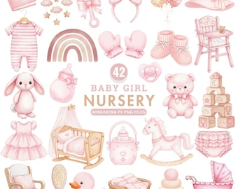 Clipart bébé fille, chambre d'enfant Boho rose PNG, bébés animaux aquarelle, c'est une clipart de douche fille, lapin ours en peluche, baby shower, usage Commercial