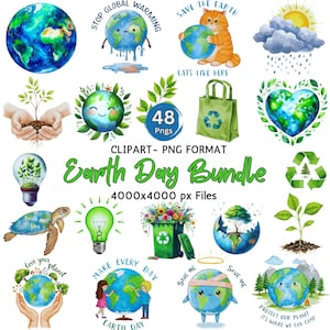 Pacote de clipart do Dia da Terra em aquarela Elementos PNG ecológicos Conscientização ambiental Salve o planeta PNG Download instantâneo Uso comercial
