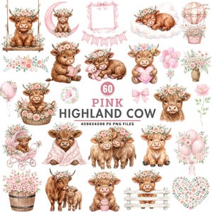Pink highland cow clipart featuring a fluffy watercolor baby cow with soft pastel pink tones, perfect for nursery decor and sublimation designs.