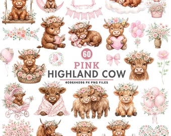 ピンクのハイランド牛のクリップアート、水彩画風の花柄の子牛、農場の動物のクリップアート、ハイランド牛、保育園のPNG画像、昇華プリントデザイン、デジタルダウンロード