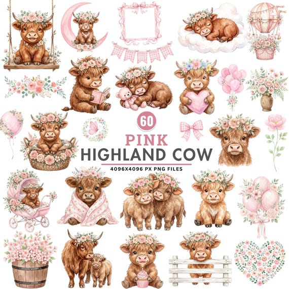 Pink Highland Cow Clipart, Watercolor Floral Baby Cow, Farm Animal Clipart, Highland Cow, Nursery Png, Sublimation Design, Digital Downloads
