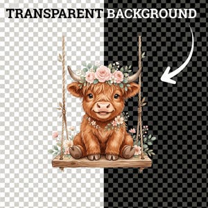 Adorable watercolor pink cow PNG with highland breed features, soft pastel shading, ideal for nursery art and digital paper crafts.