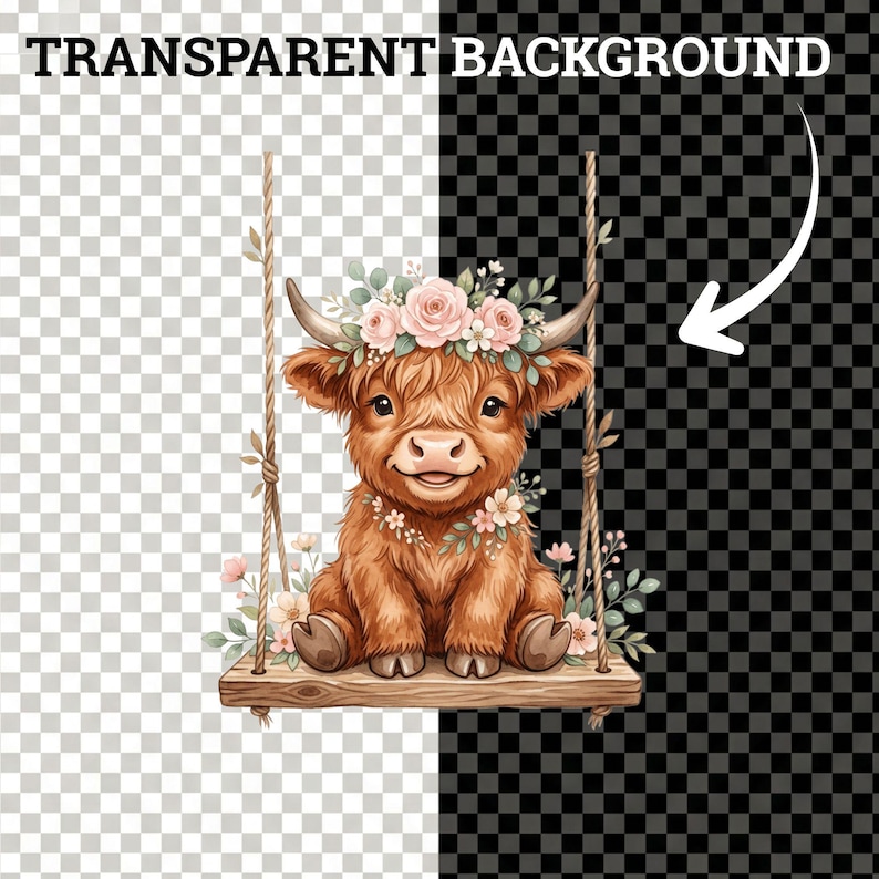 Adorable watercolor pink cow PNG with highland breed features, soft pastel shading, ideal for nursery art and digital paper crafts.