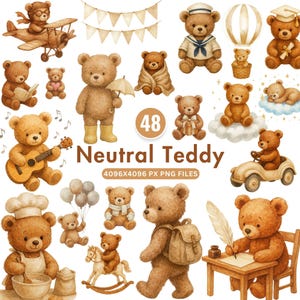Clipart de oso de peluche neutro, oso PNG de acuarela, clipart de baby shower, arte bohemio para guardería, oso PNG lindo, descarga instantánea, uso comercial