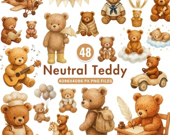 Clipart de oso de peluche neutro, oso PNG de acuarela, clipart de baby shower, arte bohemio para guardería, oso PNG lindo, descarga instantánea, uso comercial