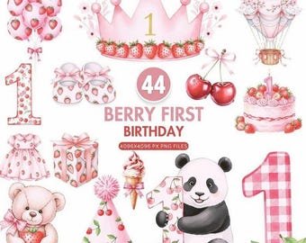 Petits fruits premier anniversaire des cliparts, une douce fraise PNG, des cliparts pour baby shower, aquarelle de petits fruits roses, des cliparts noeud Vichy, usage Commercial