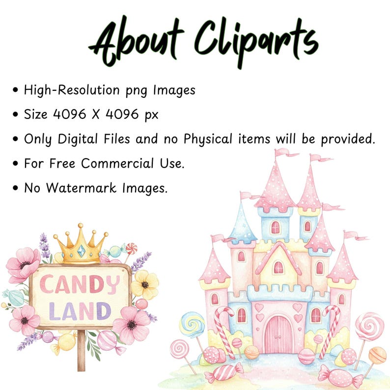 Digital candyland clipart in pastel watercolor style with sweet treats like marshmallows, cupcakes, and candy for commercial use
