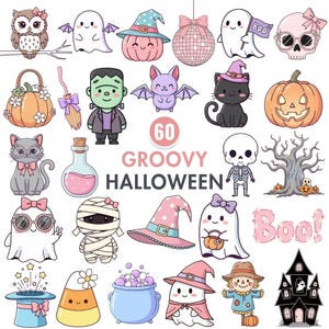 Groovy Halloween Clipart, Retro Halloween PNG, Cute Ghost Clipart, Hippie Pumpkin PNG, Spooky Fall Clipart, Pastel Witch, Disco Cat Clipart