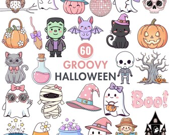 Groovy Halloween Clipart, Retro Halloween PNG, Söt Spöke Clipart, Hippie Pumpa PNG, Spöklik Höst Clipart, Pastell Häxa, Disco Katt Clipart