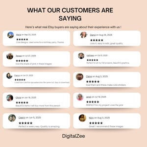 May include: A customer review graphic titled WHAT OUR CUSTOMERS ARE SAYING with the subtitle Here&rsquo;s what real Etsy buyers are saying about their experience with us! It displays ten five-star reviews from various users with dates and text, ending with the brand name DigitalZee at the bottom.