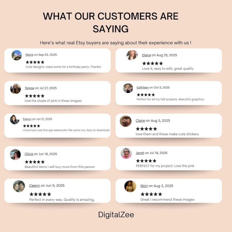 May include: A customer review graphic titled WHAT OUR CUSTOMERS ARE SAYING with the subtitle Here&rsquo;s what real Etsy buyers are saying about their experience with us! It displays ten five-star reviews from various users with dates and text, ending with the brand name DigitalZee at the bottom.