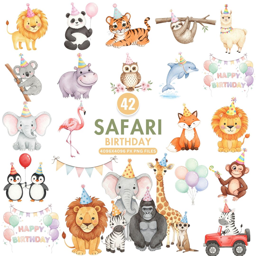 Cute Safari Birthday Clipart, Watercolor Jungle Animals PNG, Baby Lion ...