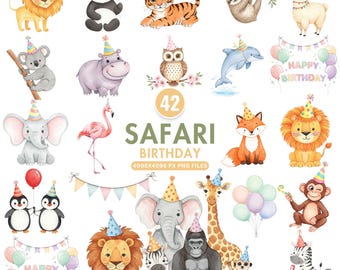 Cute Safari Birthday Clipart, Watercolor Jungle Animals PNG, Baby Lion Giraffe Elephant, Wild One Party Decor, Baby Shower, Commercial Use