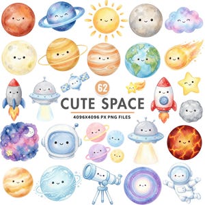 Könnte beinhalten: Eine Sammlung von 62 Aquarellillustrationen mit niedlichen Weltraum-Elementen. Das Bild enthält Planeten, Raketen, Sterne, eine Sonne, einen Mond, einen Astronauten und ein Teleskop. Der Text "CUTE SPACE" ist abgebildet.