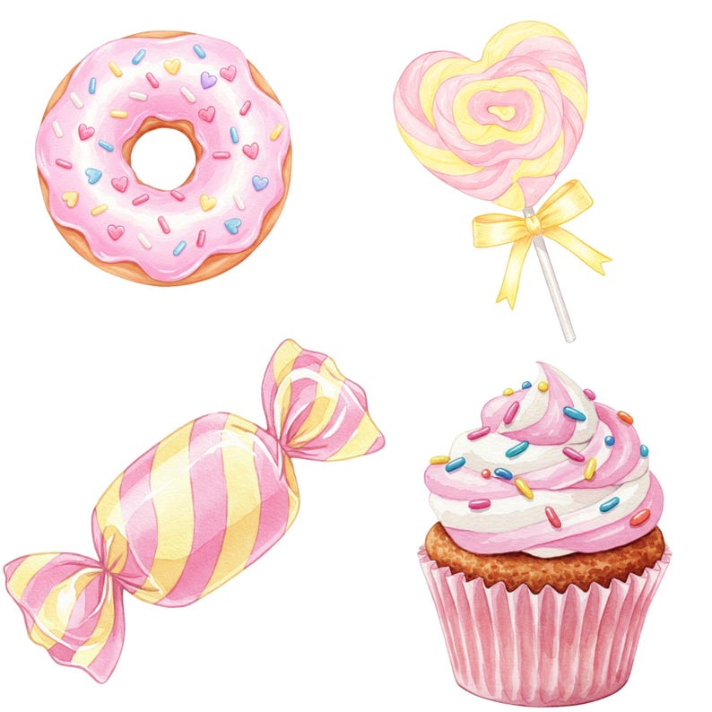 High-resolution candyland dessert clipart in pastel watercolor, perfect for scrapbooking, stickers, and digital art