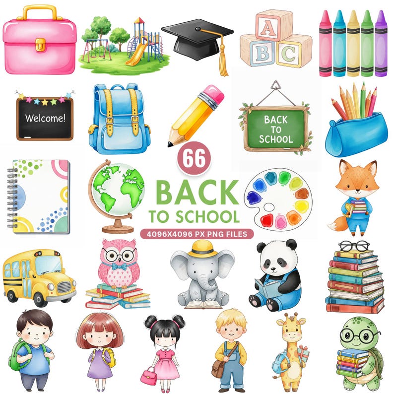 Cute pastel back to school clipart featuring kawaii school supplies, ideal for teacher graphics, classroom decor, and digital sublimation projects