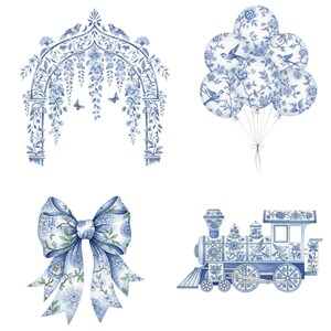 Watercolor It’s a Boy clipart bundle in French toile style with teddy bear, bunny, baby boy train, and vintage chinoiserie nursery illustrations