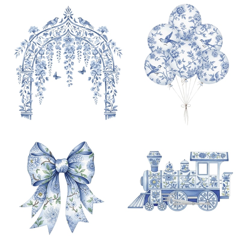 Watercolor It’s a Boy clipart bundle in French toile style with teddy bear, bunny, baby boy train, and vintage chinoiserie nursery illustrations