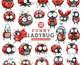 Paquete de imágenes prediseñadas de mariquitas divertidas en acuarela, imágenes prediseñadas de insectos adorables, ilustración de insectos adorables, uso comercial (descarga digital)