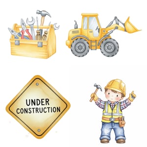 Hand-painted construction vehicles clipart for boys including dump truck, bulldozer, and crane, great for nursery or party themes
