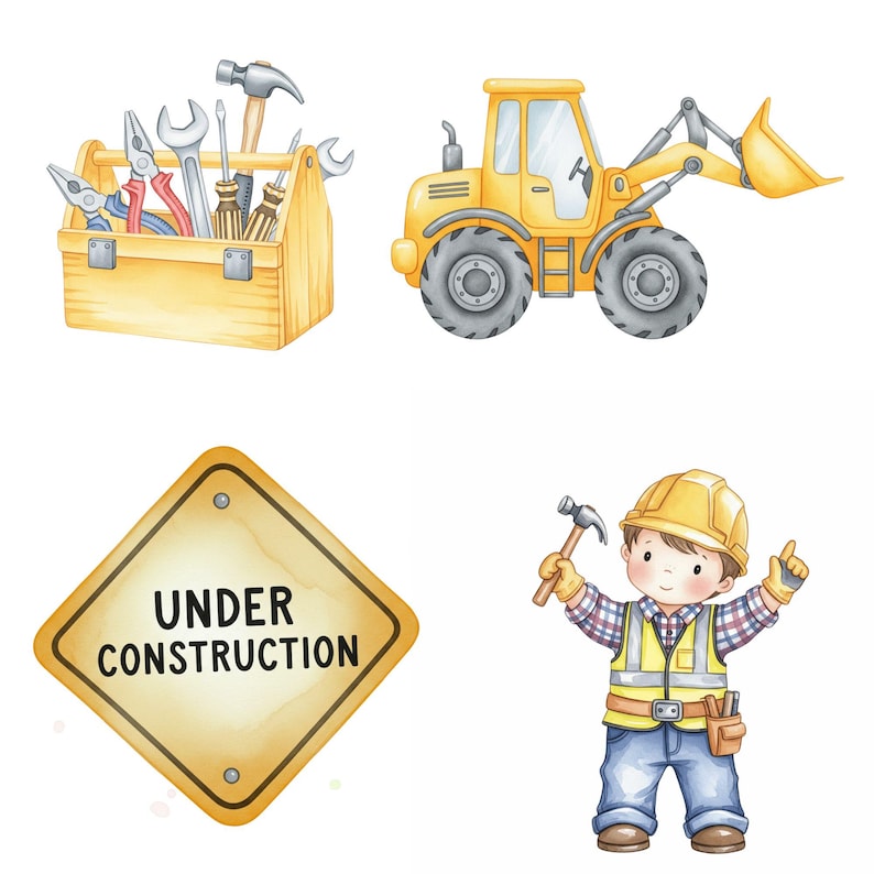 Hand-painted construction vehicles clipart for boys including dump truck, bulldozer, and crane, great for nursery or party themes