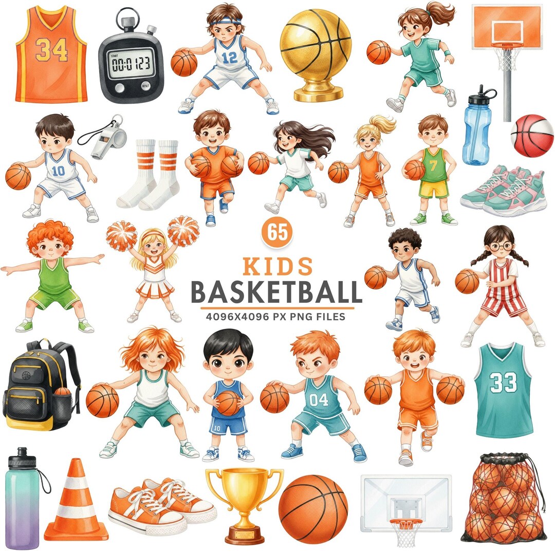 Basketball Kids Clipart, Watercolor Basketball PNG, Sports Clipart Set ...