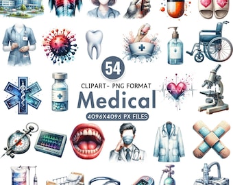 Watercolor Medical Clipart, Blue Healthcare Element PNG, Doctor Nurse Icons, Stethoscope Syringe Heart, Pharmacy Sublimation, Commercial Use