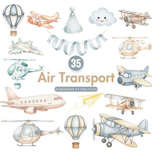 水彩画の航空輸送クリップアート、かわいい青い飛行機PNG、ヘリコプター、熱気球、ベビーシャワーのクリップアート、保育園の装飾、すぐにダウンロードできます