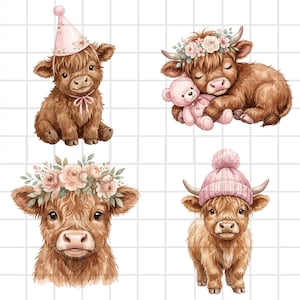 High quality pink highland cow clipart with floral and spring inspired elements, perfect for mugs, t-shirts, and farmhouse style products.
