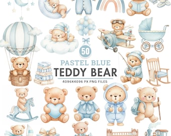 Blauer Teddybär Clipart, Baby PNG, Babyparty Clipart, Kinderzimmer Wandkunst, schlafender Teddybär, Heißluftballon Bär, kommerzielle Nutzung Png